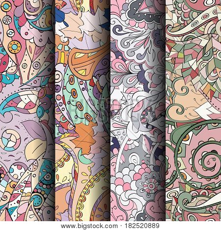 Set Of Tracery Colorful Seamless Patterns.