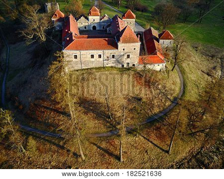 Aerial photo of the old Svirzh castle Ukraine