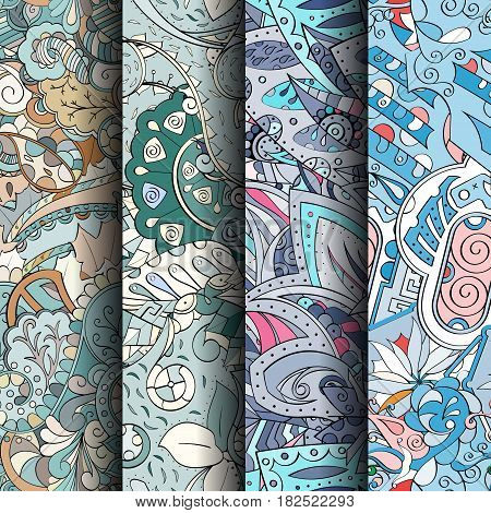 Set Of Tracery Colorful Seamless Patterns.