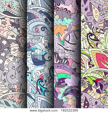 Set Of Tracery Colorful Seamless Patterns.