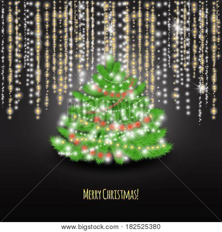 Merry Christmas with Christmas tree on and lights on the black background.Stock vector