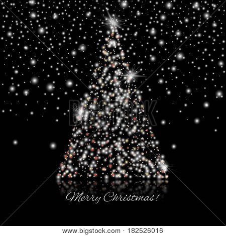 Merry Christmas and Happy New Year Christmas tree on and lights on the black background. Stock vector