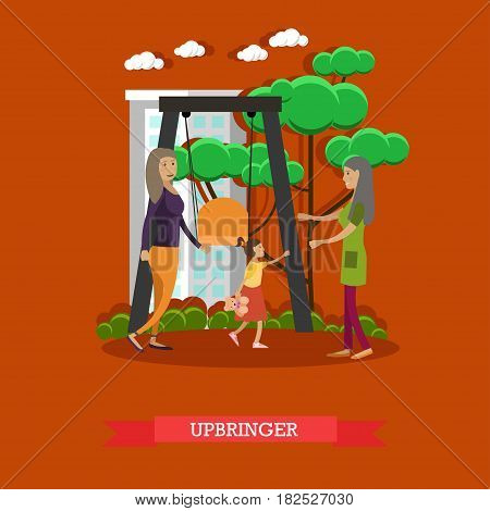 Kindergarten upbringer concept vector illustration. Preschool teacher meeting girl, attending playschool, with her mother in playground in the morning. Flat style design.