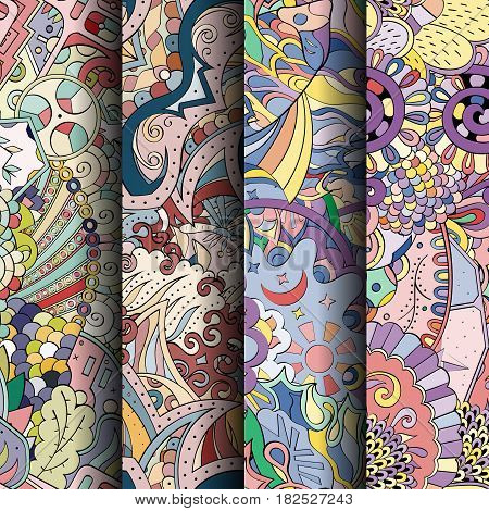 Set Of Tracery Colorful Seamless Patterns.