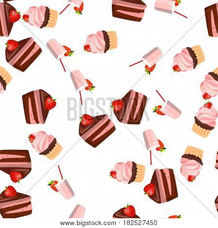 Very high quality original trendy vector seamless pattern with a strawberry chocolate pancake and milkshake