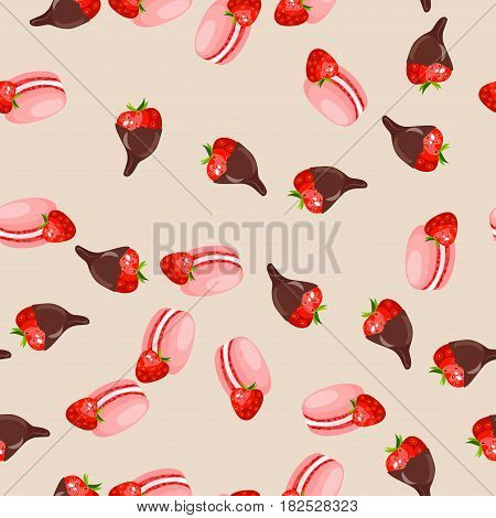 Very high quality original trendy vector seamless pattern with a strawberry in chocolate and macaroons
