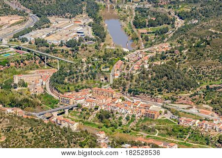 Monistrol de Montserrat overlook, town at the bottom of the Montserrat Mountain, Catalonia, Spain