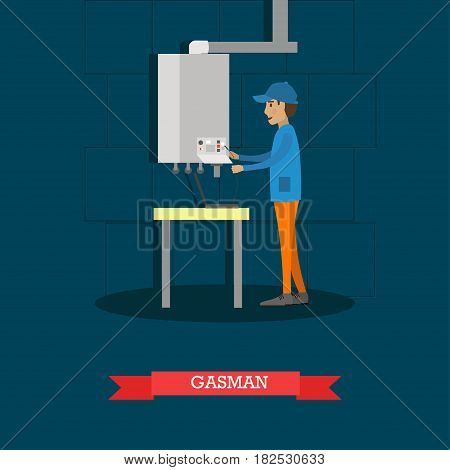 Vector illustration of worker installing or repairing gas boiler. Gasman concept flat style design.