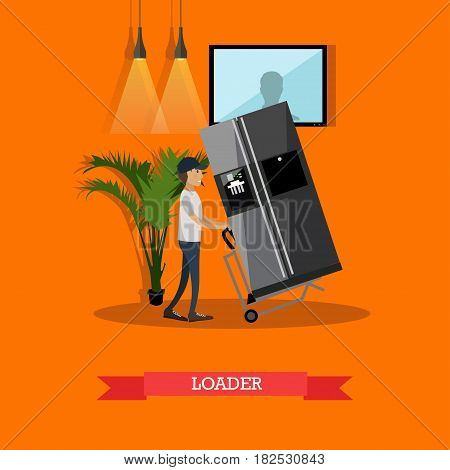 Vector illustration of porter pushing cart with fridge. Moving and delivery company services. Loader concept flat style design element.