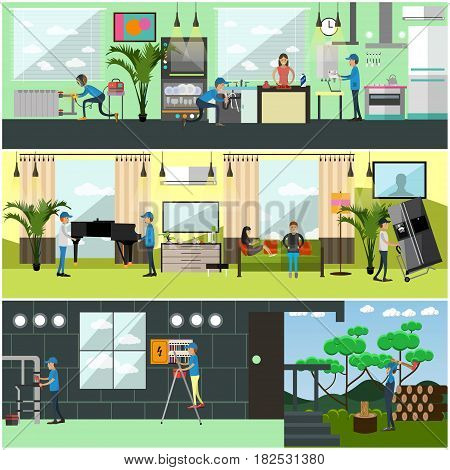 Vector set of workers profession posters, banners. Woodcutter, electrician, plumber, welder, loader and gasman services flat style design elements.
