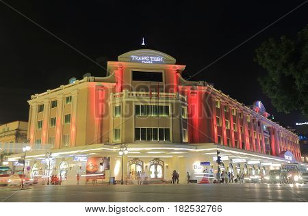 HANOI VIETNAM - NOVEMBER 22, 2016: Unidentified people visit Trang Tien Plaza. Trang Tien Plaza is an iconic shipping mall landmark set at the corner of Hoan Kiem Lake right in the city centre.