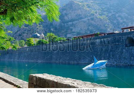 Beautiful view of fortress wall at river Shkurda Old town Kotor Montenegro