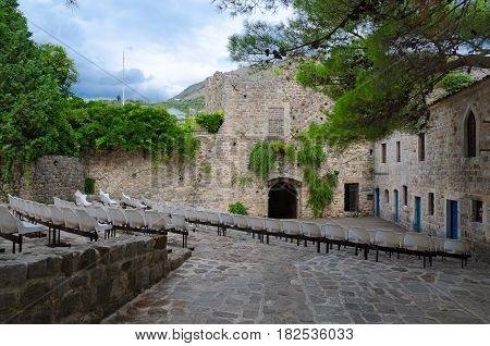 View of amphitheater in open air in courtyard near city gates Old Bar Montenegro