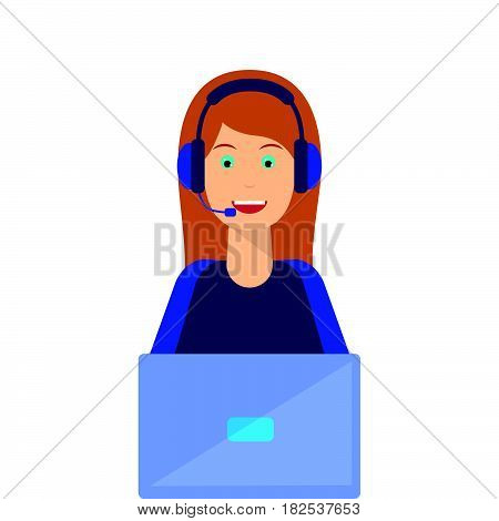 Call center agent flat avatar. Live chat operator girl smiling face. Online customer support service assistant with headphones laptop.