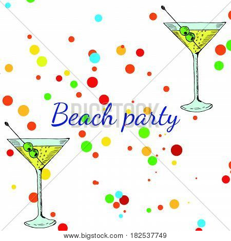 Summer beach party banner with martini cocktail. Cocktails menu card design template. Menu blank with space for text for restaurant cafe and bar vector design.