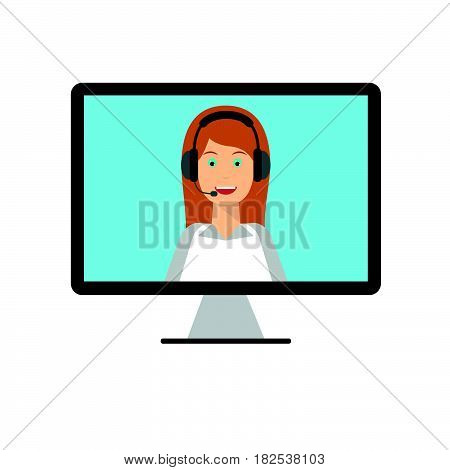 Woman with headphones on computer monitor screen. Technical support call center online customer live support webinar conference training and education concept. Flat design graphic elements.