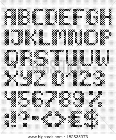 Handmade english font with numbers and symbols. Vector set of stitched letters on cloth texture