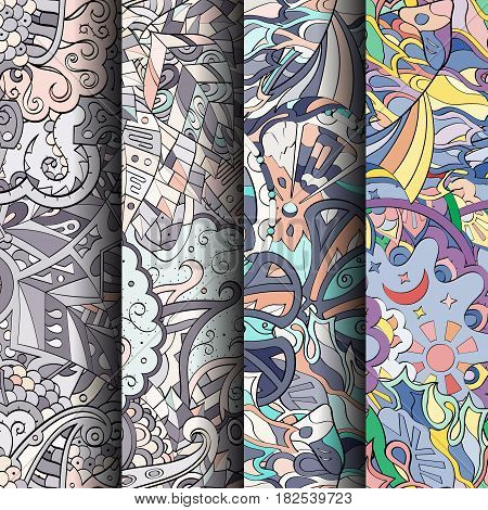 Set Of Tracery Colorful Seamless Patterns.