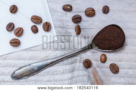 Ground coffee on a spoon macro detail