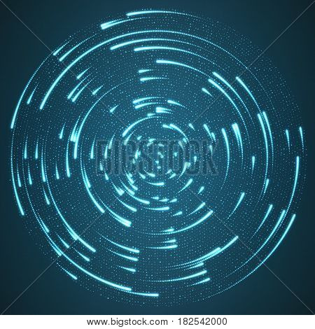 Vector glowing particles flying around the center leaving trails. Radar like blue background. Spinnig shining comets. Elegant modern geometric wallpaper.