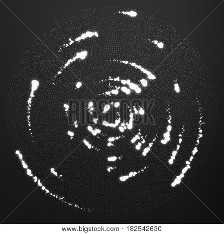 Vector grayscale glowing particles flying around the center leaving trails. Radar like monochrome background. Spinnig shining comets. Elegant modern geometric wallpaper.