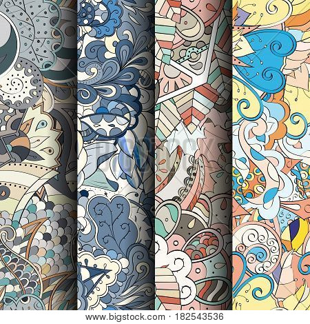 Set Of Tracery Colorful Seamless Patterns.