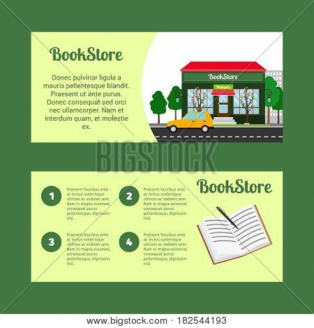 Book store horizontal flyers with shop building and landscape, vector illustration