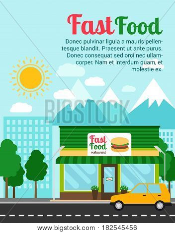 Fast food restaurant advertising banner with shop building and landscape. Vector illustration