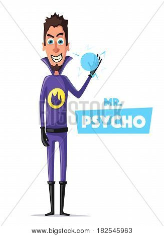 Evil superhero. Mr. Psycho. Cartoon vector illustration. Person in uniform. For banners and posters. Bad man. Hero character