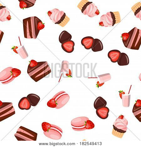 Very high quality original trendy vector seamless pattern with a strawberry chocolate pancake and macaroons
