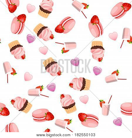 Very high quality original trendy vector seamless pattern with a strawberry chocolate pancake and macaroons
