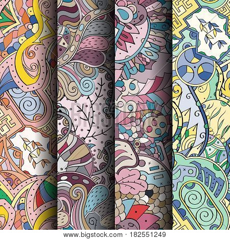 Set Of Tracery Colorful Seamless Patterns. Curved Doodling Backgrounds For Textile Or Printing With