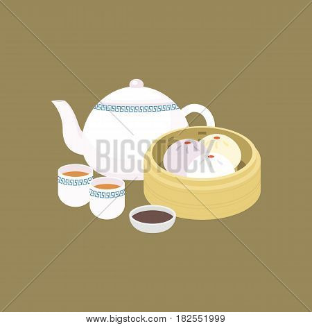 Chinese dim sum steamed bun in basket with porcelain teapot and black vinegar sauce, concept of cantonese cuisine in flat design vector
