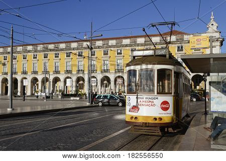 Lisbon, Portugal, April 6, 2017 : Tramway In Praca Do Commercio. The Tramway Network Serves The Capi