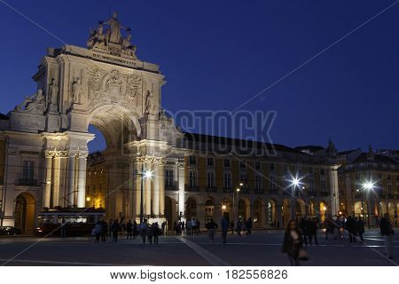 Lisbon, Portugal, April 5, 2017 : Praca Do Comercio (commerce Square) By Night. After The Earthquake