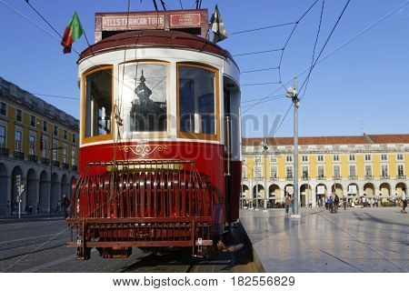Lisbon, Portugal, April 5, 2017 : Tramway In Praca Do Commercio. The Tramway Network Serves The Capi