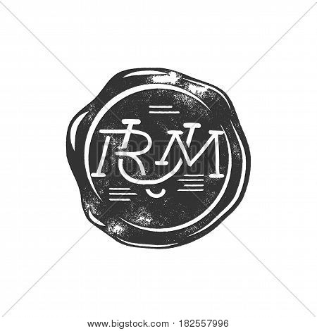 Vintage handcrafted wax seal template with monogram Rum. Use as pirate emblem, label, logo. Isolated on white background. Sketching filled style. Vector silhouette template