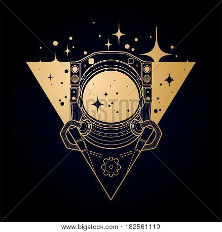 Graphic austronaut in the shape of triangle surrounded by stars. Vector art in golden colors isolated on dark background