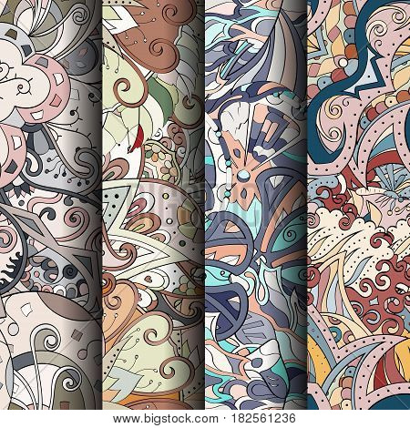 Set Of Tracery Colorful Seamless Patterns. Curved Doodling Backgrounds For Textile Or Printing With