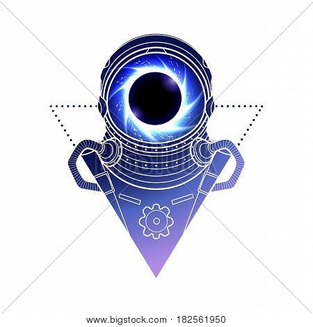 Graphic austronaut with black hole and starry vortex inside his helmet. Vector art in blue colors isolated on white background