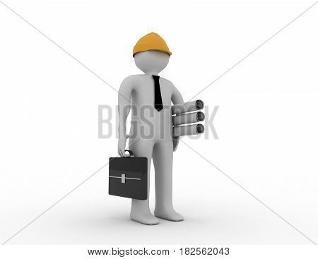 3d white architect with planse. . rendered ullustration