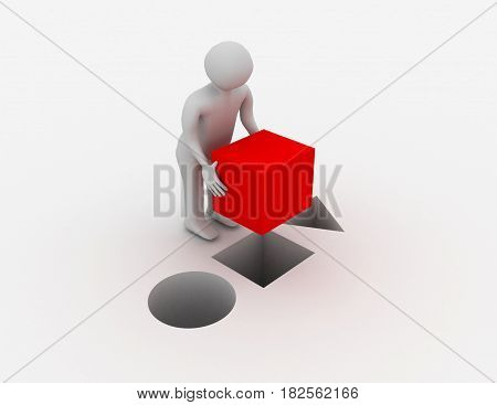 3d man with cube . rendered ullustration