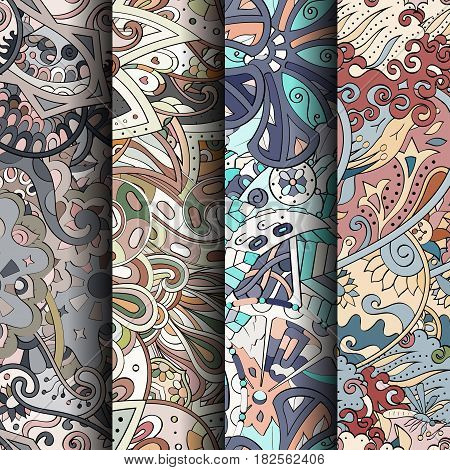 Set Of Tracery Colorful Seamless Patterns. Curved Doodling Backgrounds For Textile Or Printing With