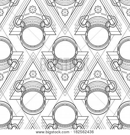Graphic austronaut in the shape of triangle. Vector seamless pattern. Coloring book design for adults