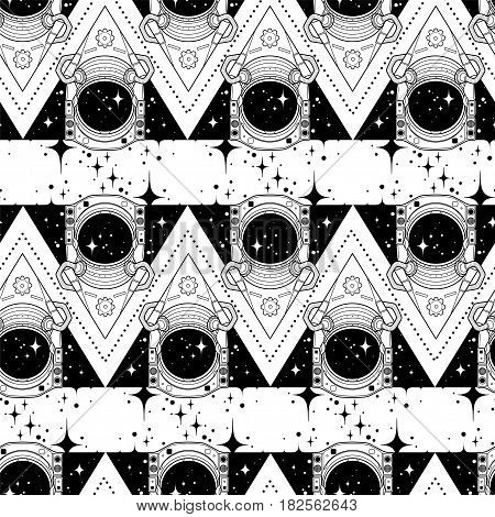 Graphic austronaut in the shape of triangle surrounded by stars. Vector seamless pattern. Coloring book design for adults