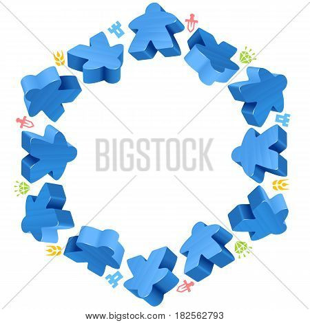 Hex frame of blue meeples for board games. Game pieces and resources counter icons isolated on white background. Vector border for design boardgames advertisement or template of geek t-shirt print