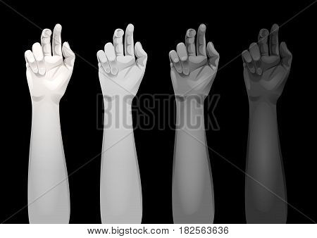 Realistic women arms with different hands colors isolated on black background. Vector template for tattoo design