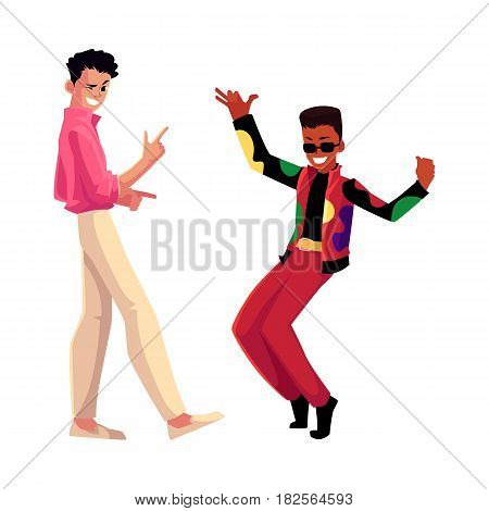 Two men, guys, Caucasian and black, in 1980s style clothes dancing disco, cartoon vector illustration isolated on white background. Men, friends in 80s style clothing dancing at retro disco party