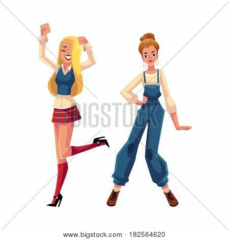 Two girls, women in 1990s, nineties style clothes dancing disco, cartoon vector illustration isolated on white background. Girls, women in 90s style clothing dancing at retro disco party