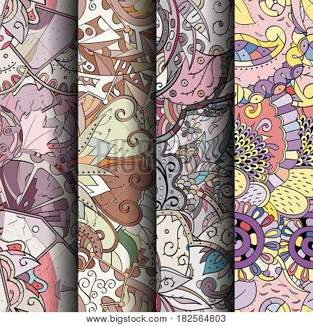 Set Of Tracery Colorful Seamless Patterns. Curved Doodling Backgrounds For Textile Or Printing With